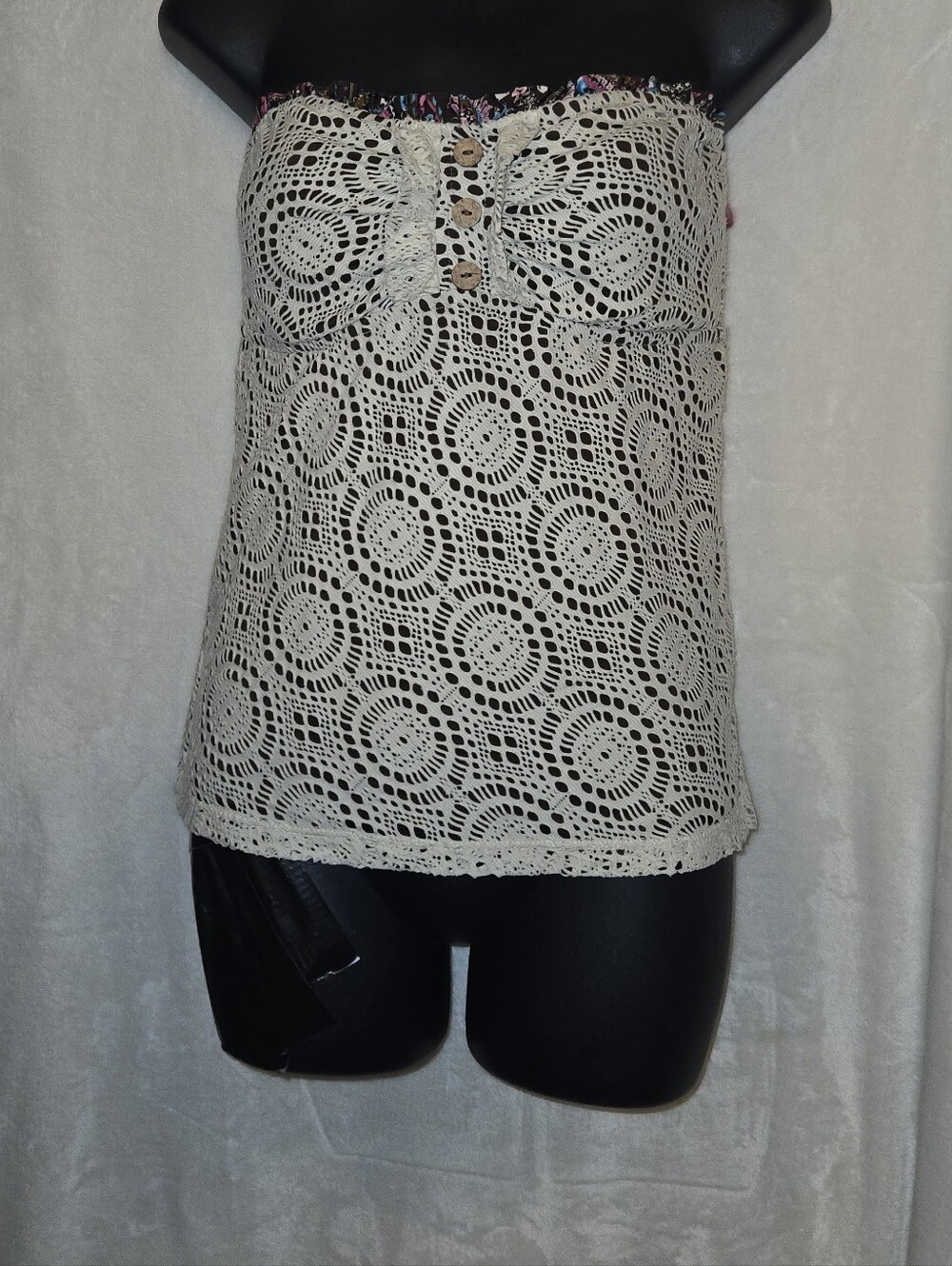 Lucky Brand Cream Crochet Lace Cream Halter Tankini Y2K Boho Swim Top Medium